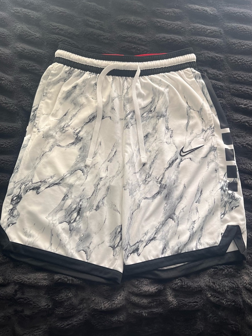 Nike White Marble Print Athletic Shorts with Black Trim